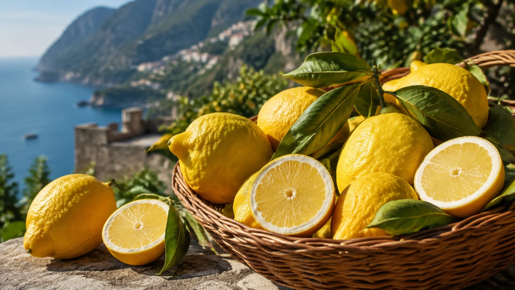 Citron d’Amalfi posé sur une branche avec la mer en arrière-plan