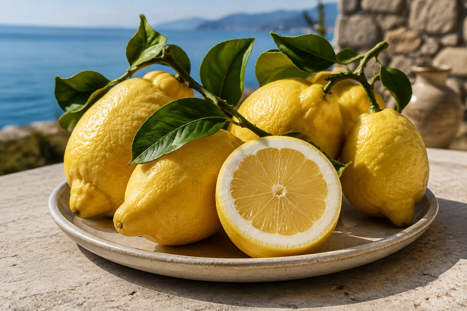Citron de Sorrente jaune vif avec peau épaisse sur fond naturel