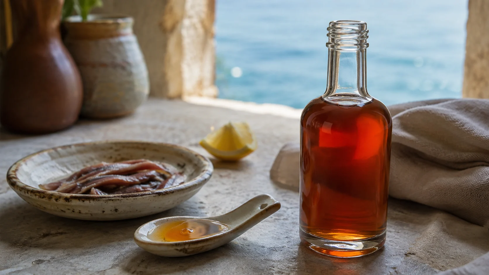 Bouteille traditionnelle de colatura di alici avec tonalités ambrées