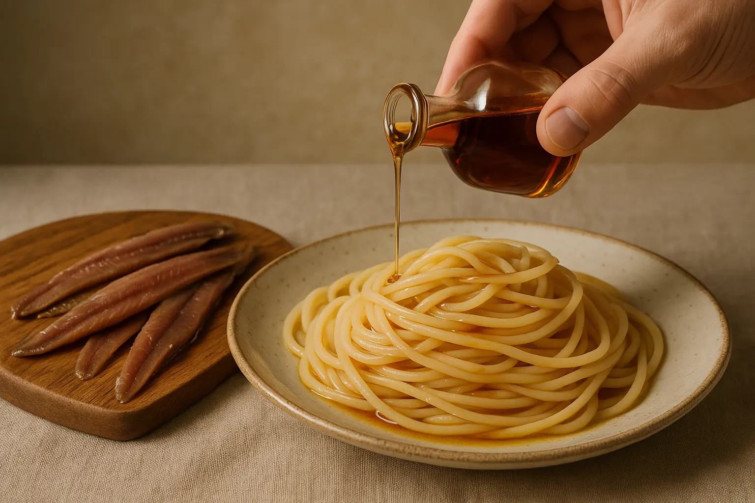 Bouteille traditionnelle de colatura di alici avec tonalités ambrées