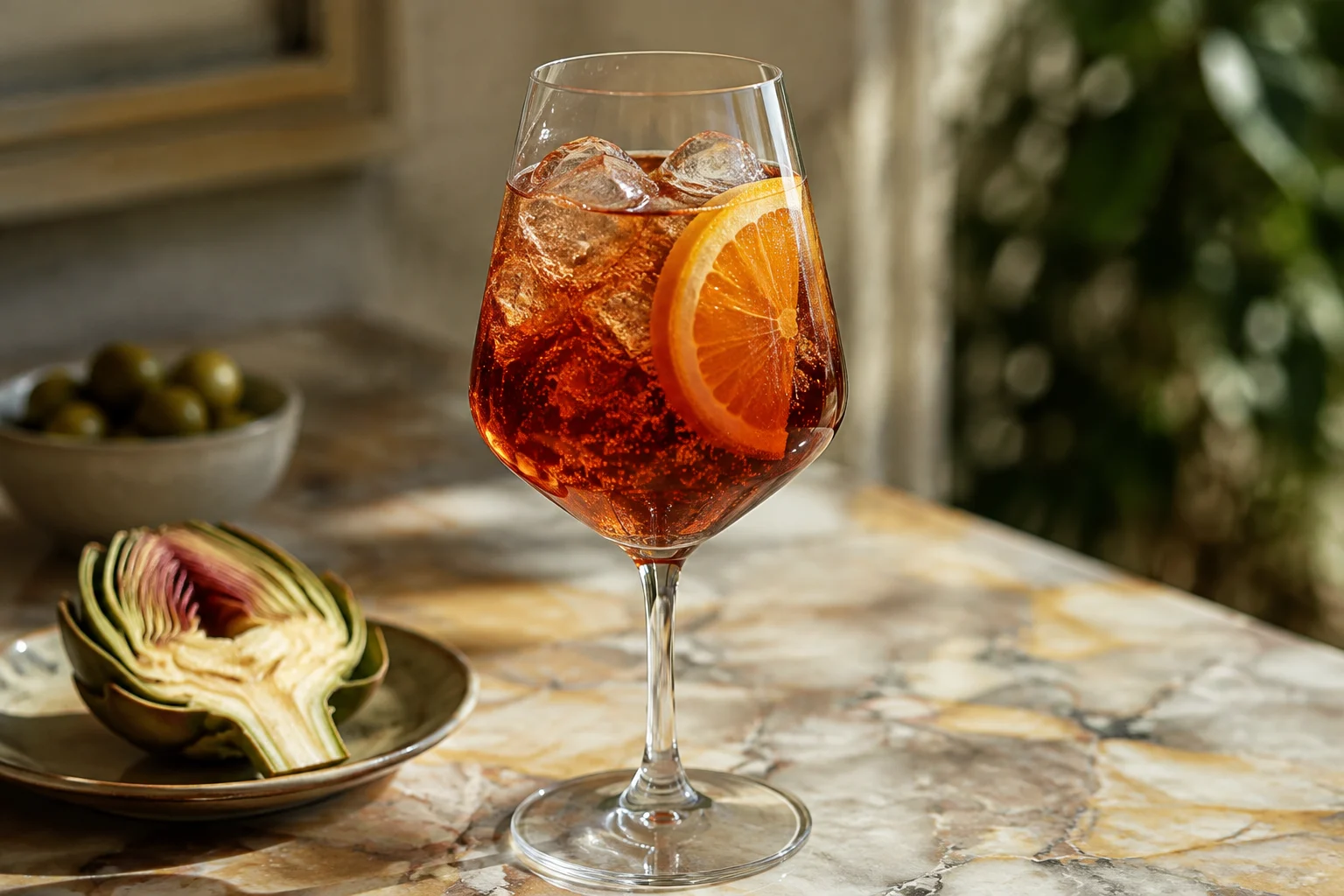 Verre de Cynar Spritz garnie d’une tranche d’orange avec glaçons