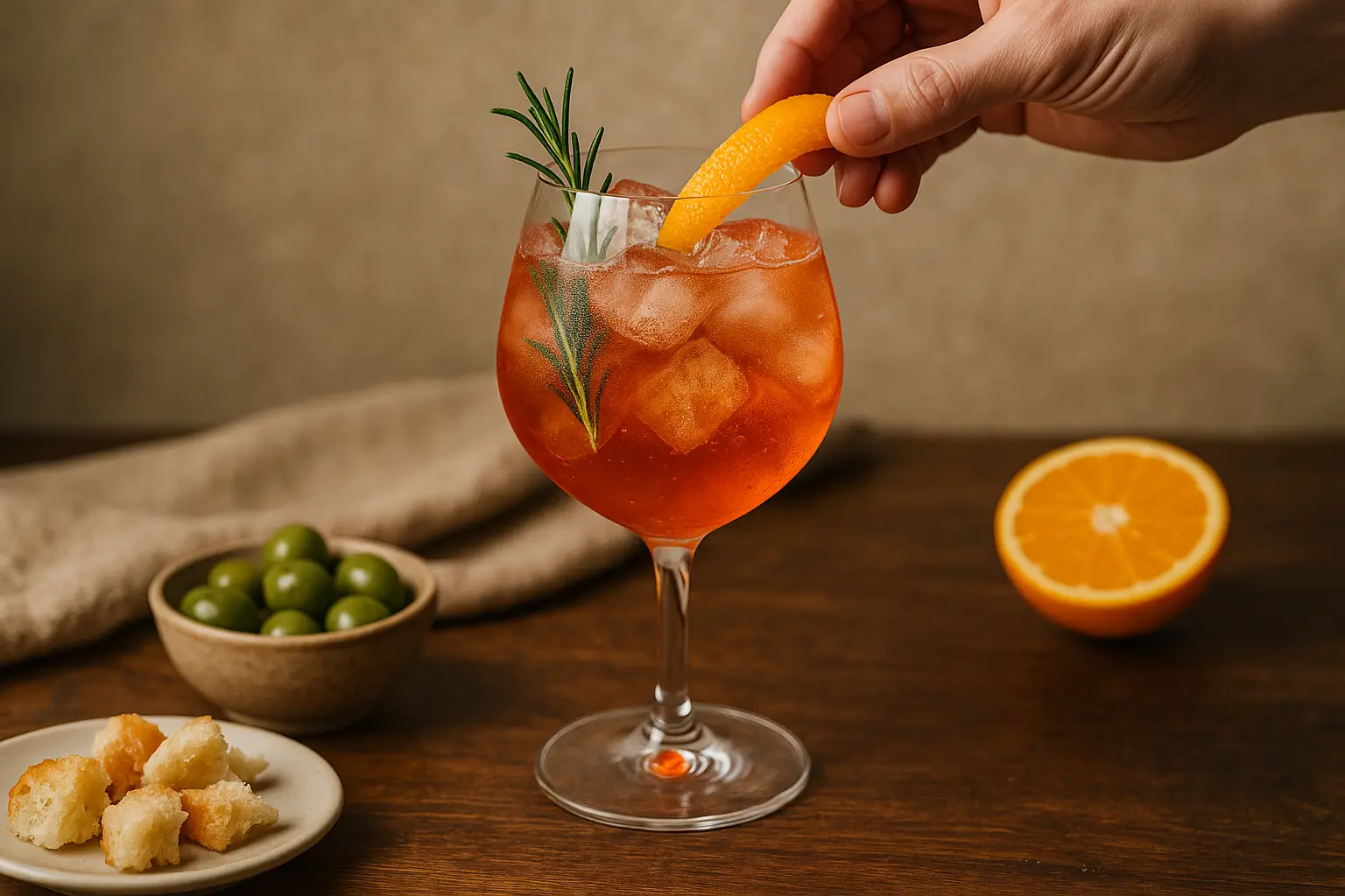 Verre de Cynar Spritz garnie d’une tranche d’orange avec glaçons