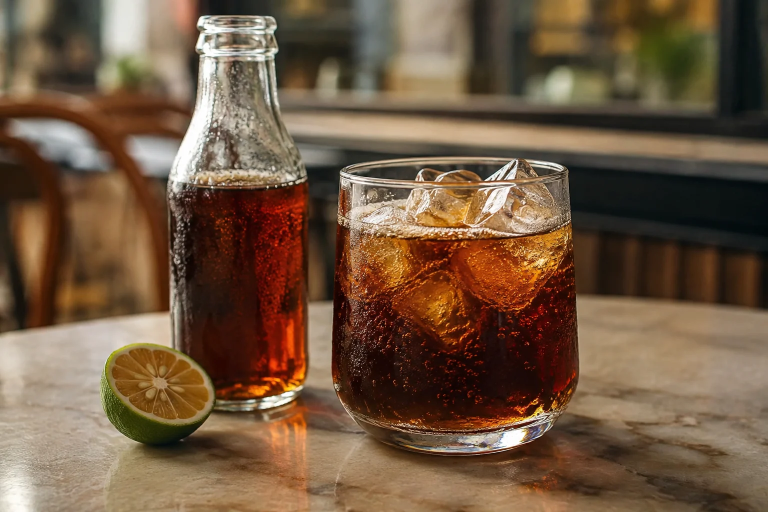 Verre de Chinotto italien frais avec des agrumes chinotto en fond