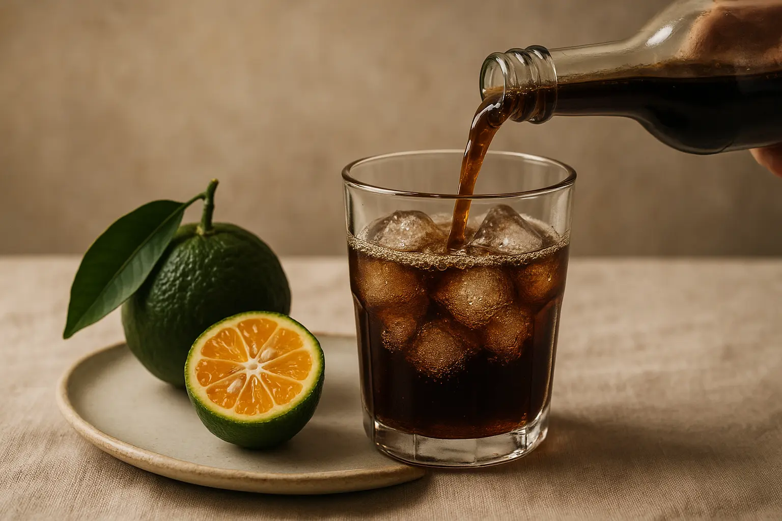 Verre de Chinotto italien frais avec des agrumes chinotto en fond