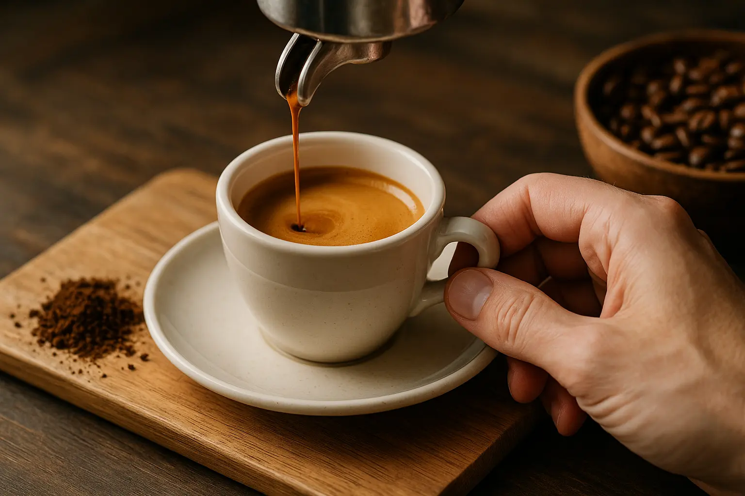 Tasse d'espresso italien avec crema sur un comptoir en bois
