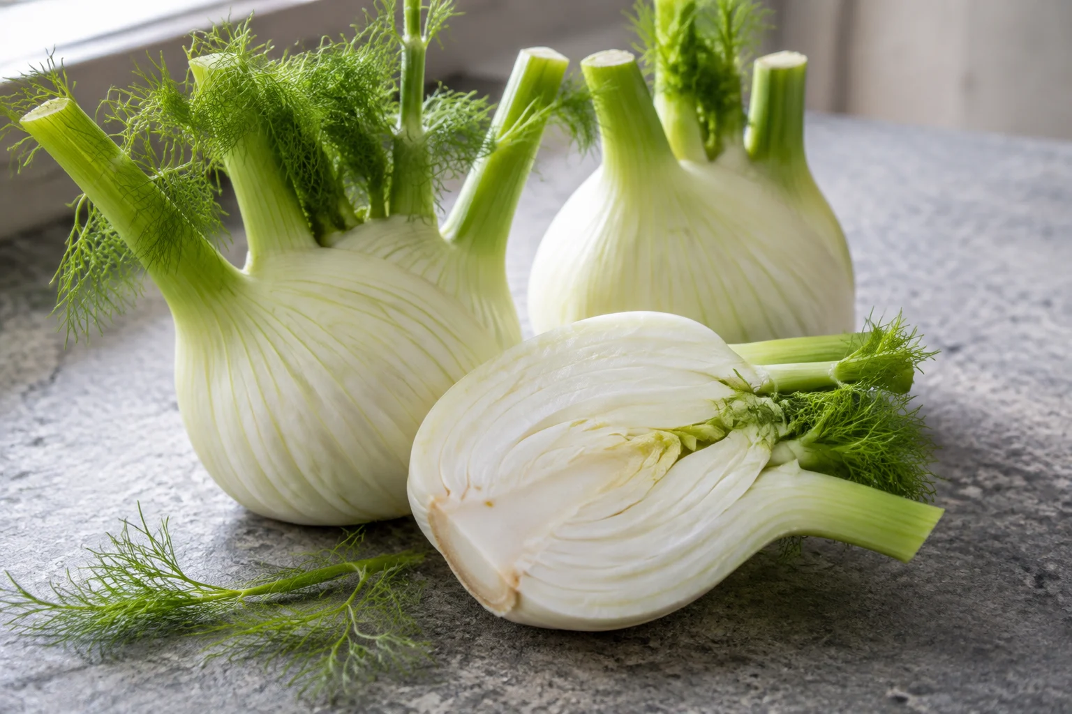 Bulbe de fenouil frais et feuilles vertes