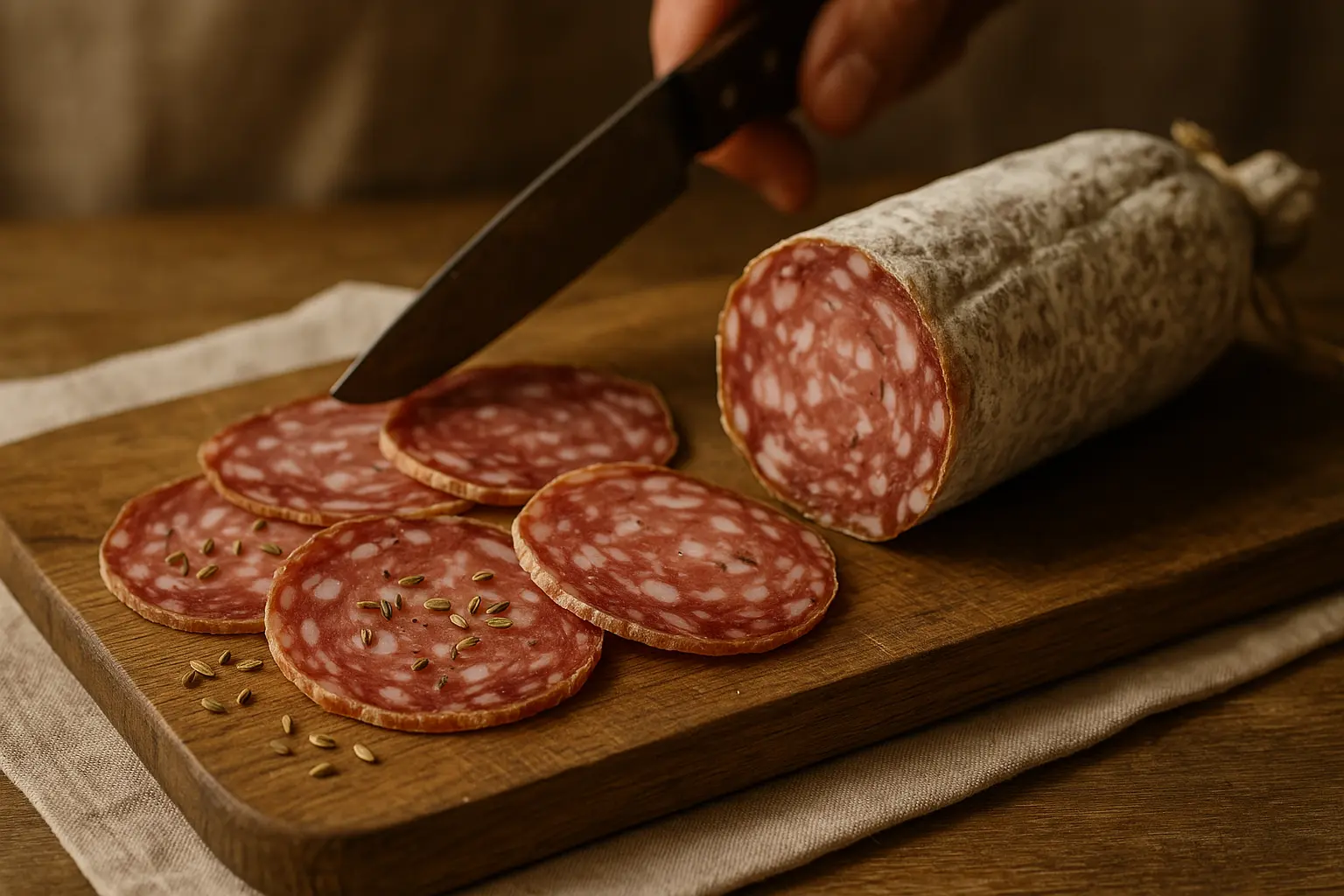 Tranches fines de finocchiona aux graines de fenouil sur planche en bois