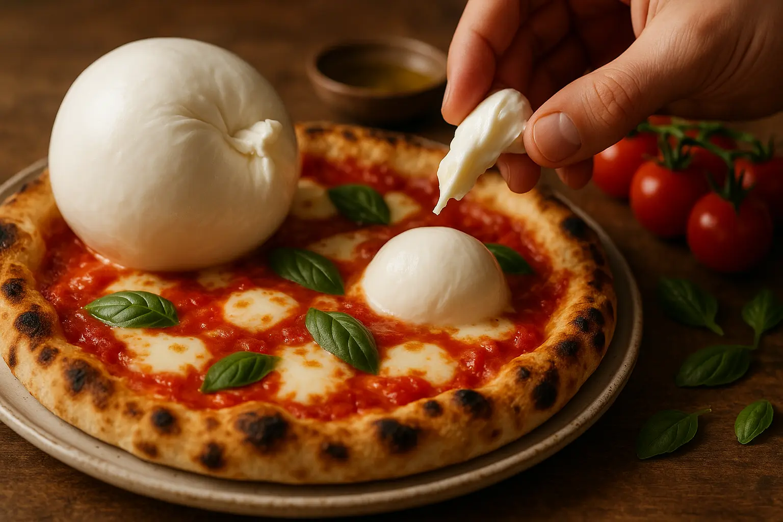 Tranches de Fior di Latte, mozzarella blanche et moelleuse sur pizza