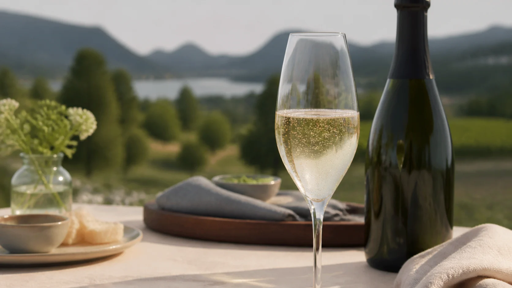 Bouteille de Franciacorta DOCG posée sur une table avec un verre de vin effervescent