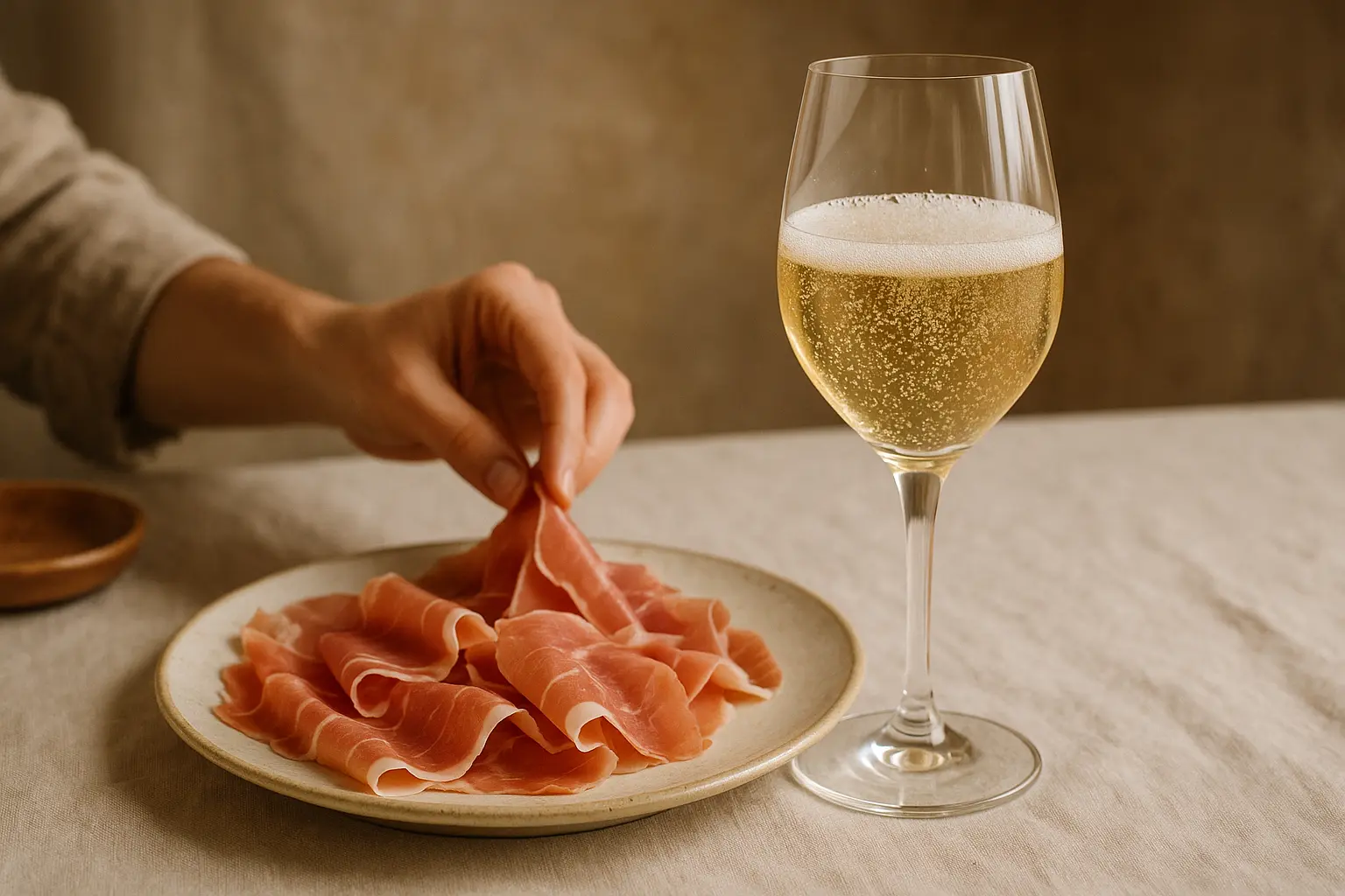 Bouteille de Franciacorta DOCG posée sur une table avec un verre de vin effervescent