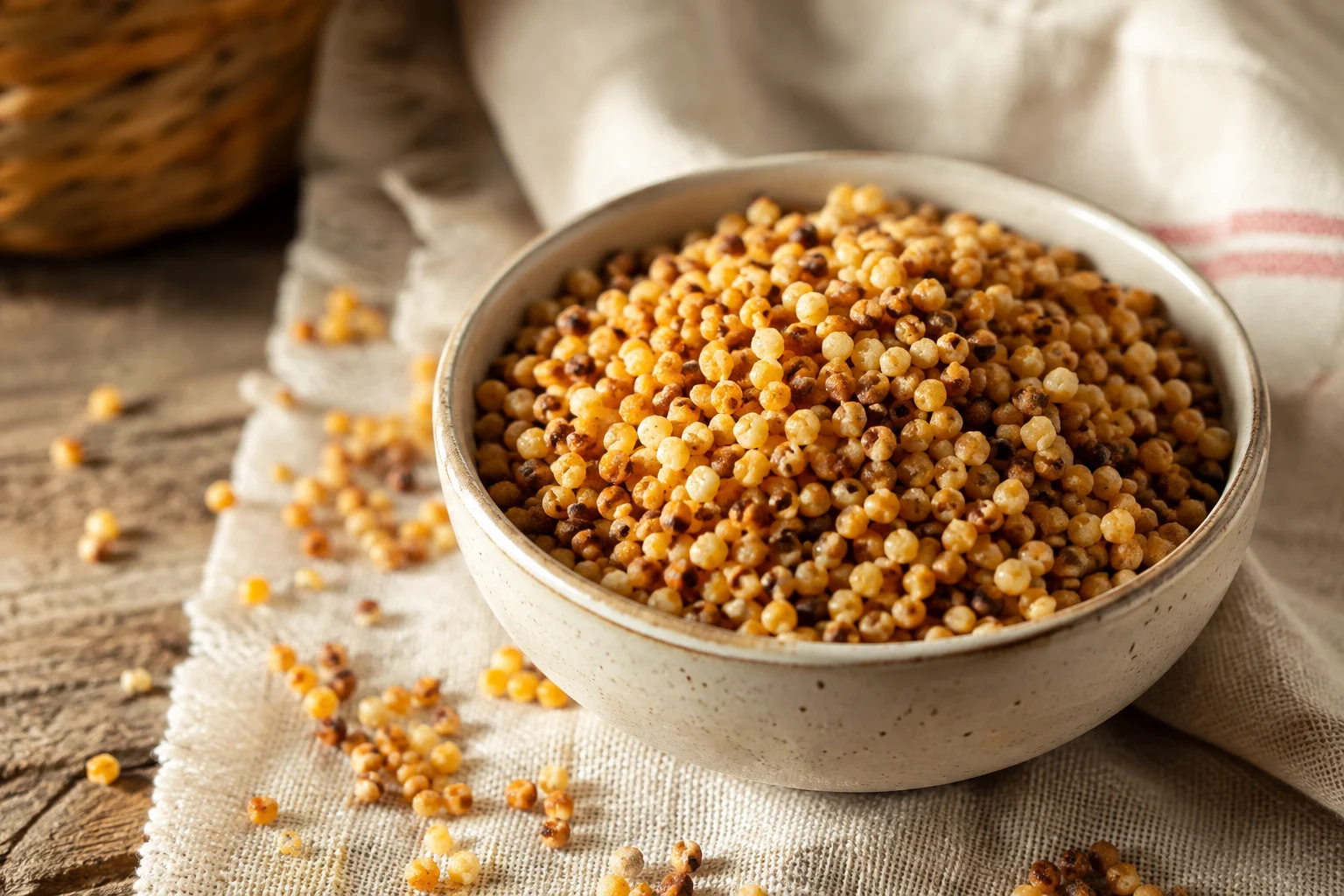 Petites billes dorées de fregola sarde dans un bol en céramique