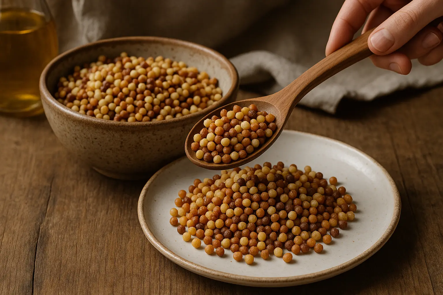 Petites billes dorées de fregola sarde dans un bol en céramique