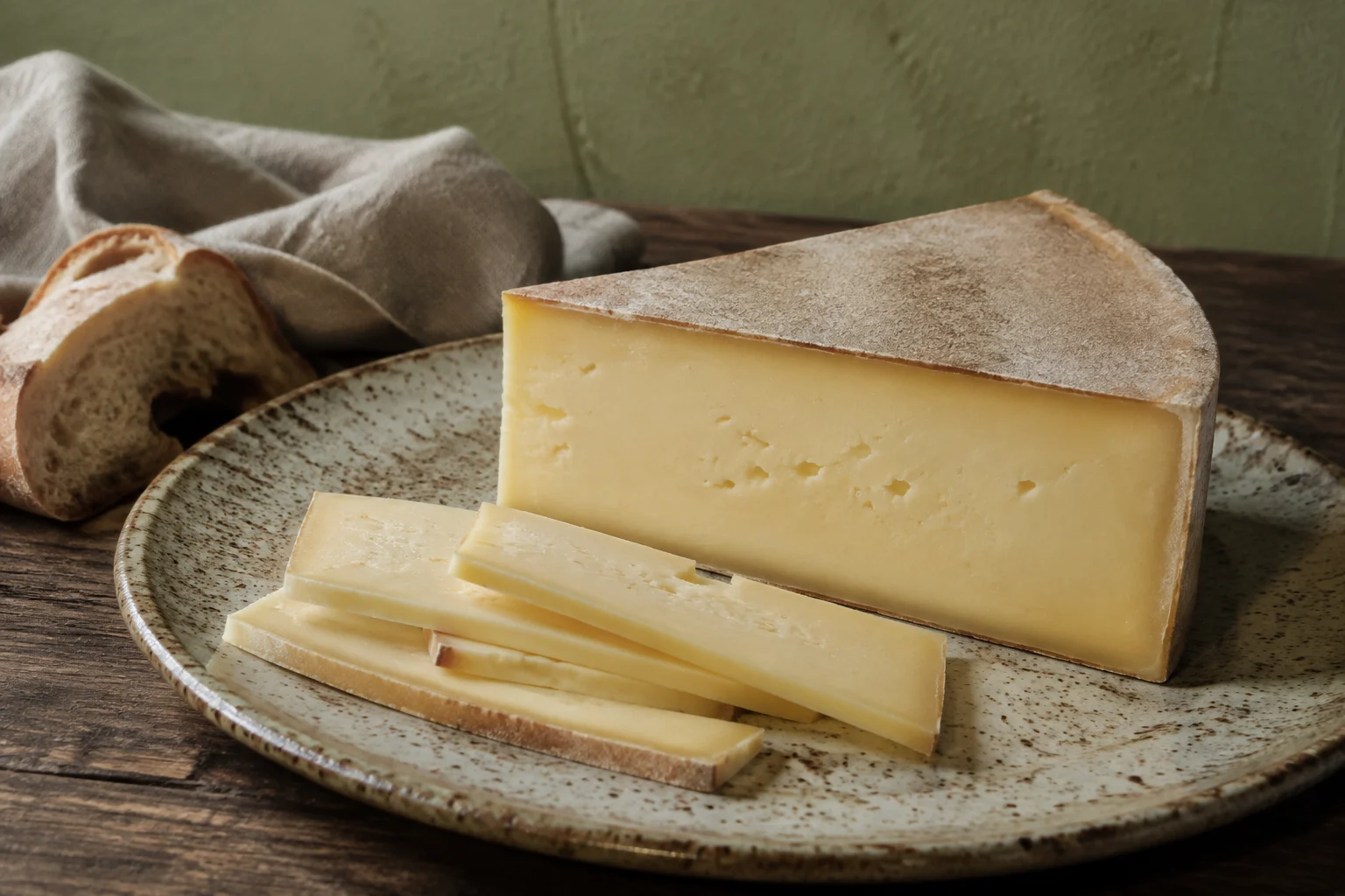 Fromage Fontina tranché sur planche de bois, texture fondante visible
