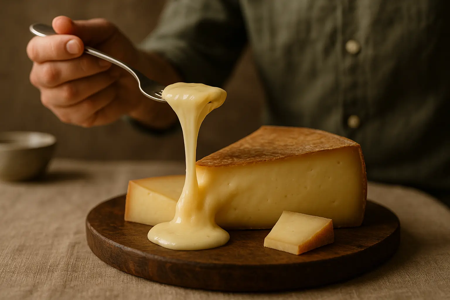 Fromage Fontina tranché sur planche de bois, texture fondante visible