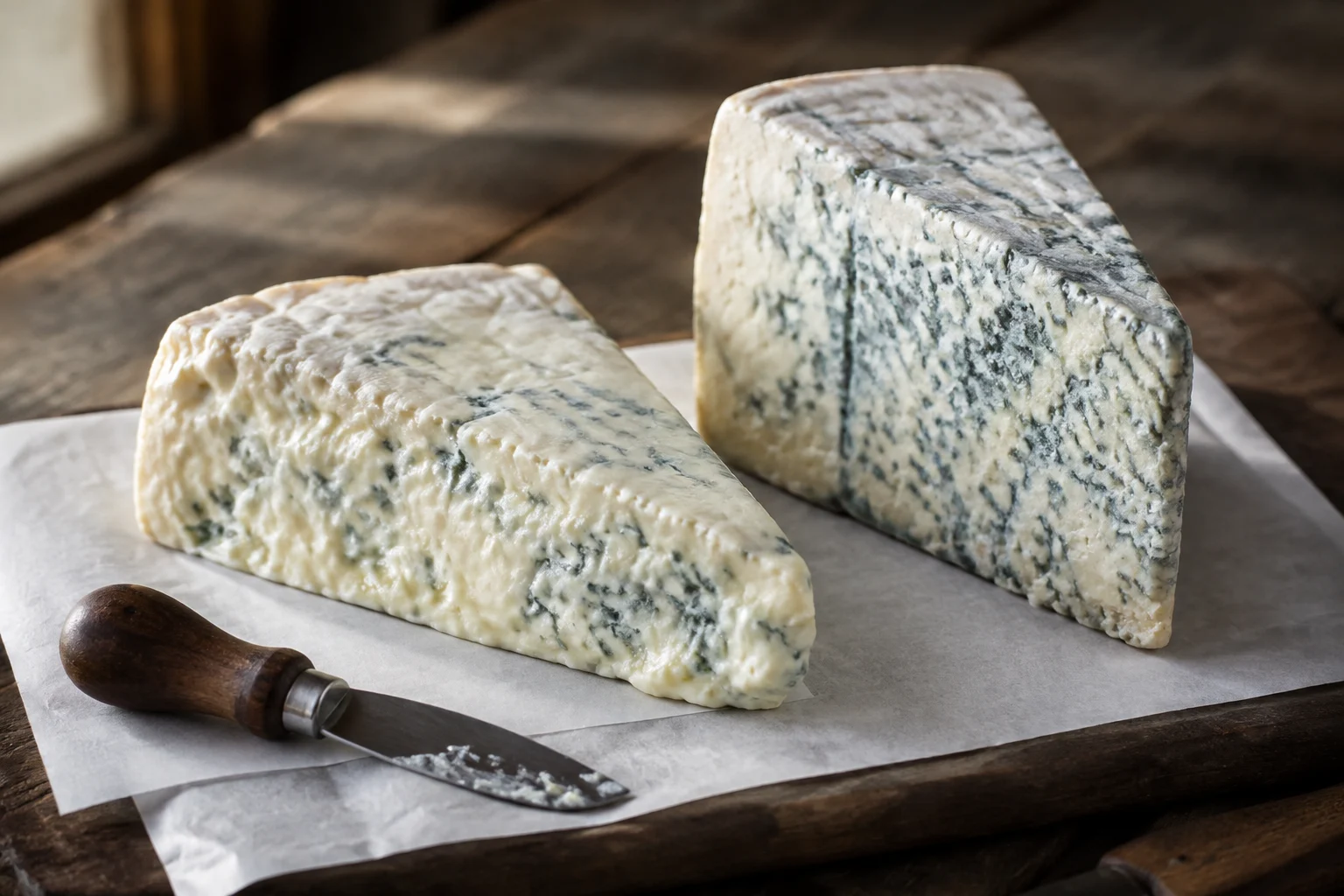 Assortiment de Gorgonzola Dolce et Piccante sur planche avec couteau
