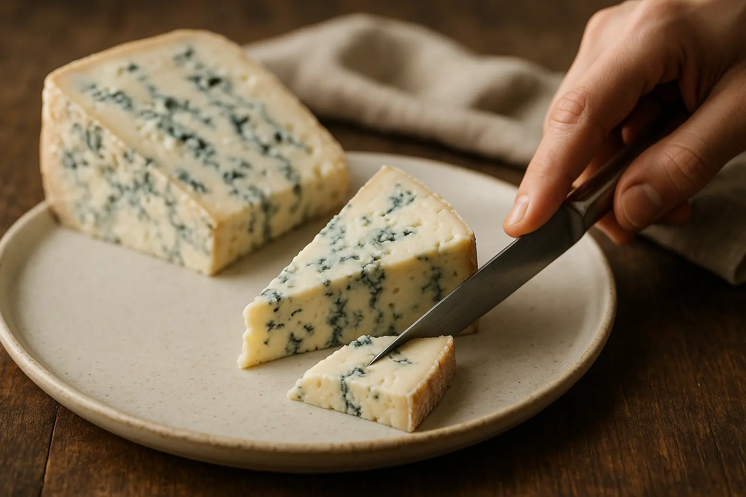 Assortiment de Gorgonzola Dolce et Piccante sur planche avec couteau
