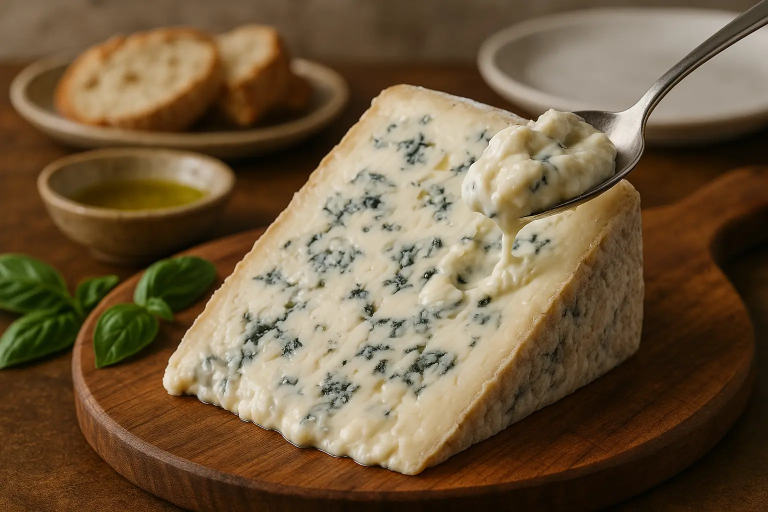 Fromage Gorgonzola persillé sur planche en bois
