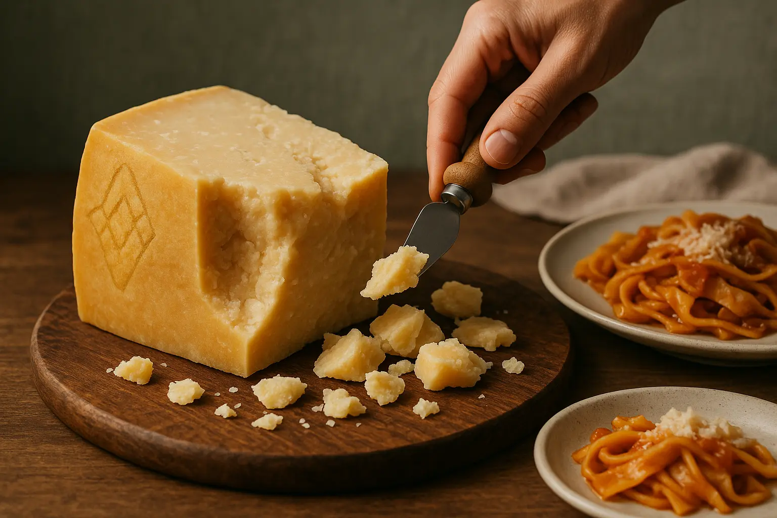 Meule de Grana Padano et copeaux de fromage sur planche en bois