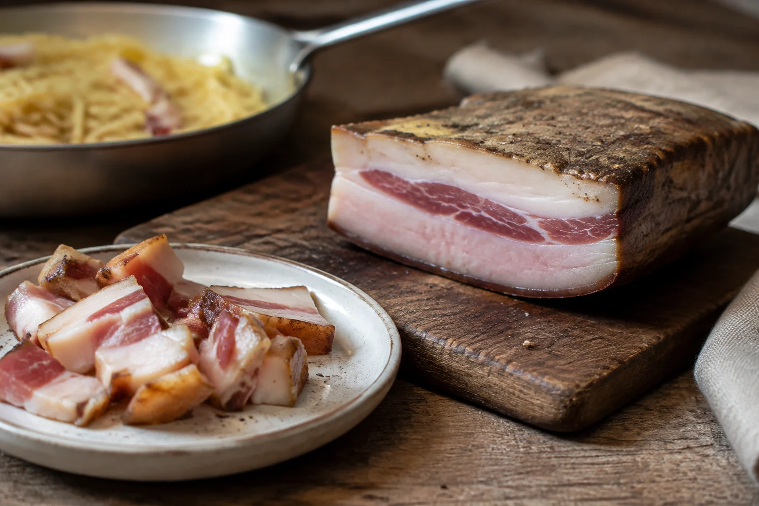 Gros plan sur des lardons de guanciale légèrement dorés