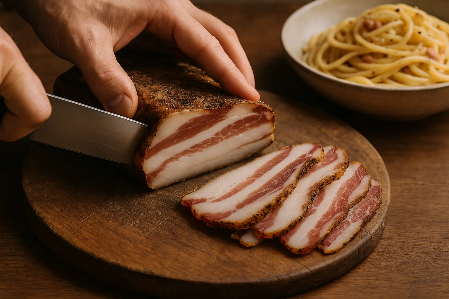 Gros plan sur des lardons de guanciale légèrement dorés
