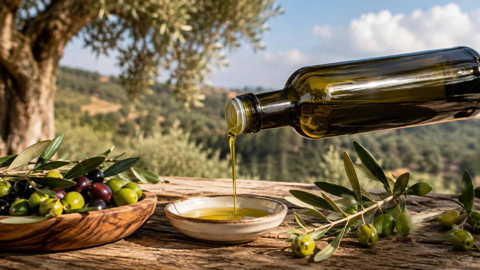 Bouteille d'huile d'olive extra vierge italienne posée sur une table avec des olives et des branches d'olivier