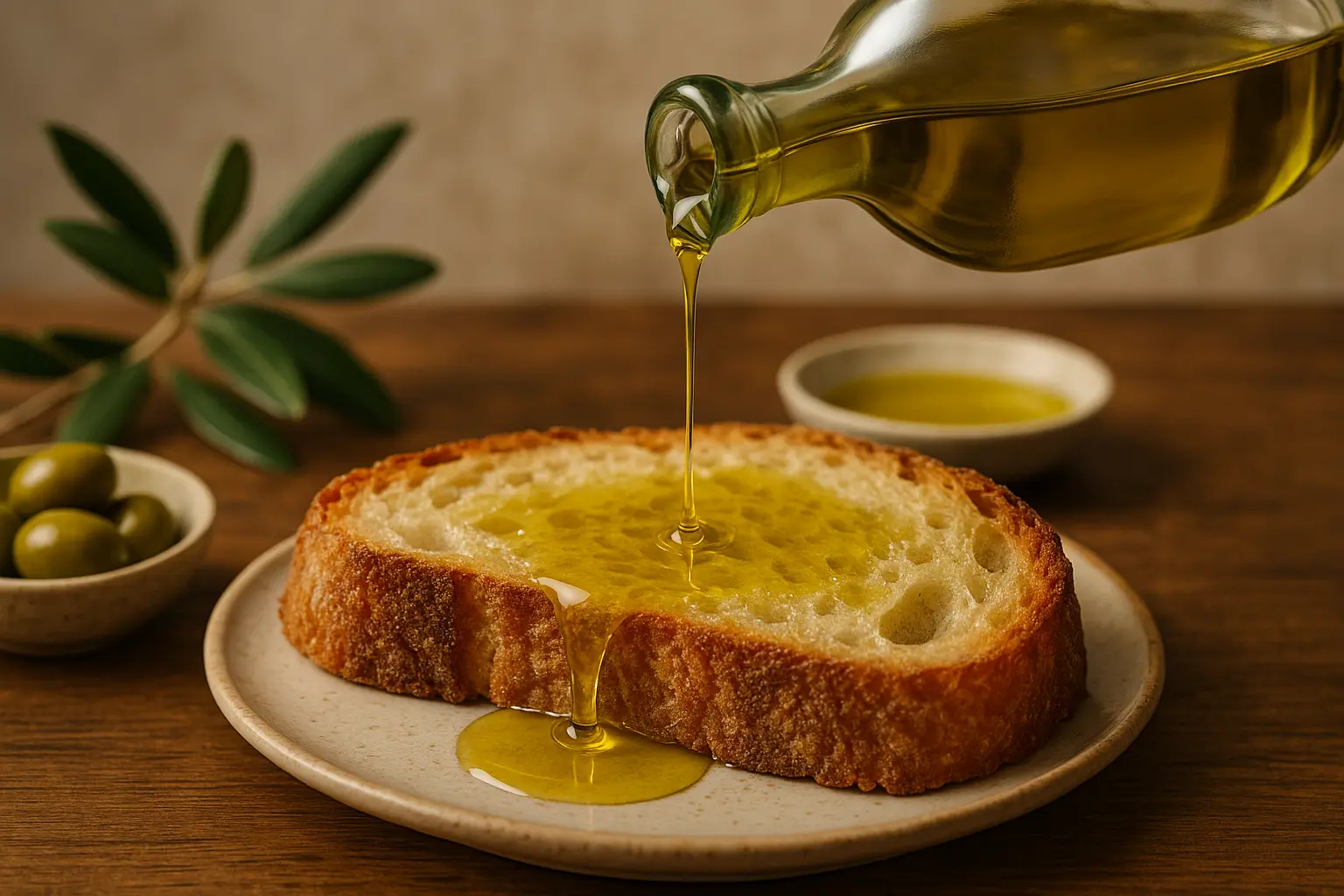 Bouteille d'huile d'olive extra vierge italienne posée sur une table avec des olives et des branches d'olivier