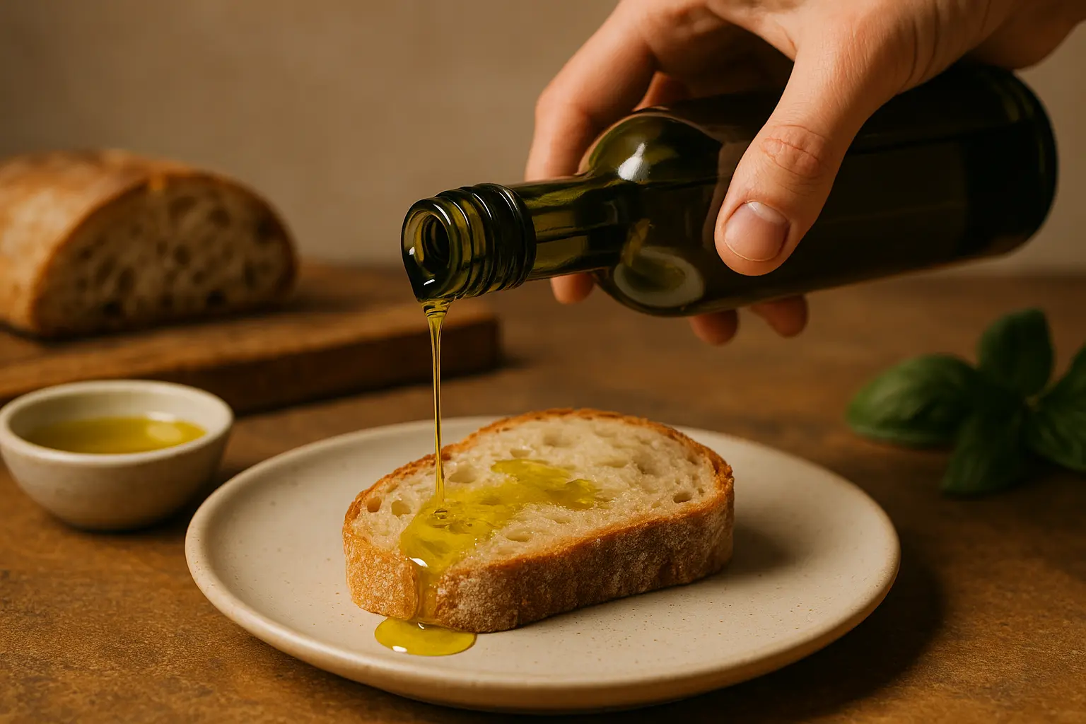 Bouteille d'huile d'olive extra vierge italienne posée sur une table en bois