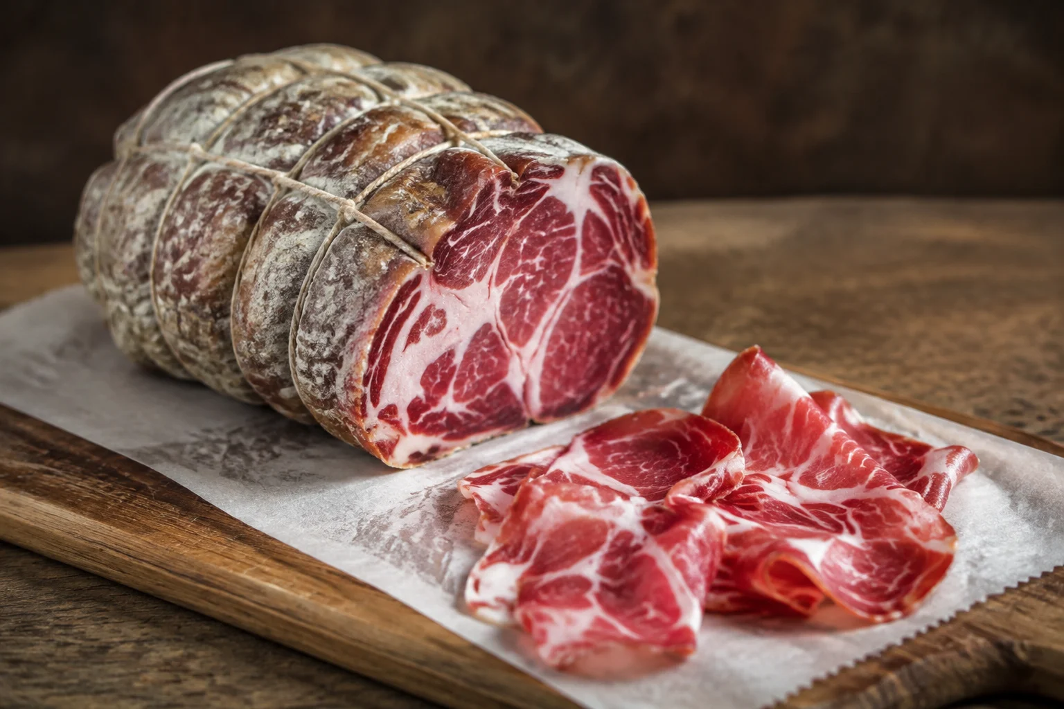 Tranches fines de coppa italienne présentées sur une planche en bois