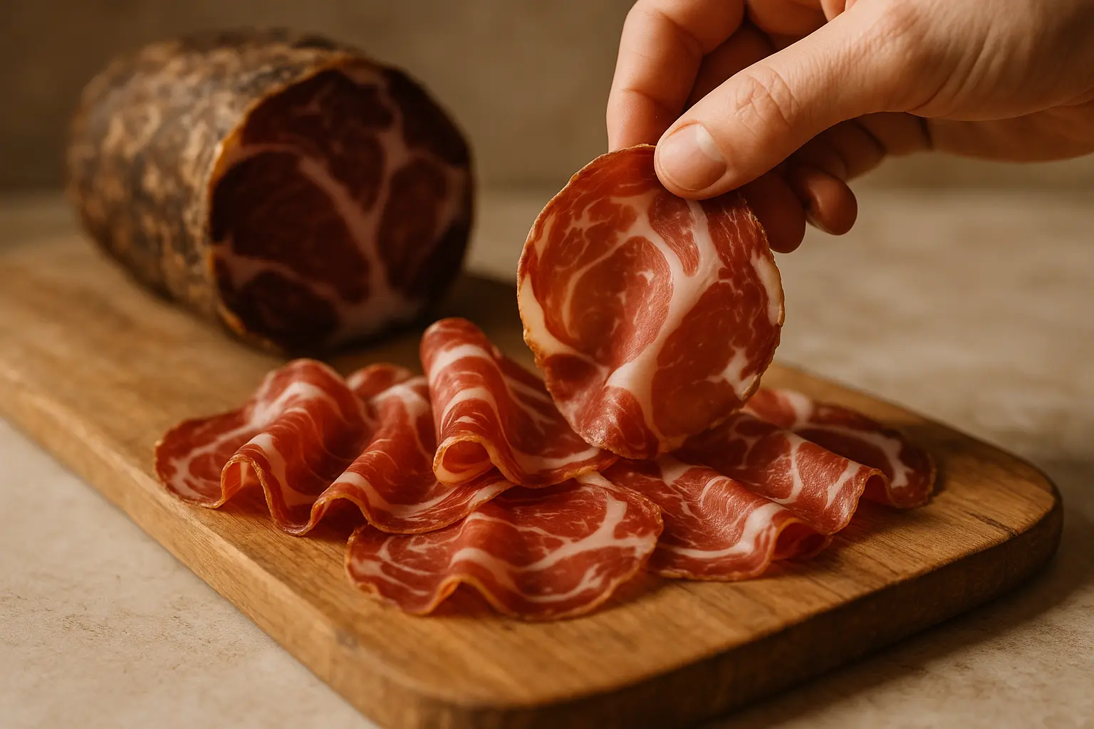 Tranches fines de coppa italienne présentées sur une planche en bois