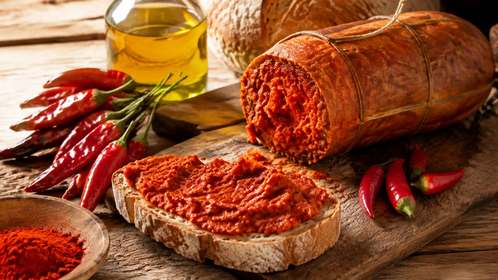 Pot de 'nduja calabraise avec tranche de pain et piment rouge