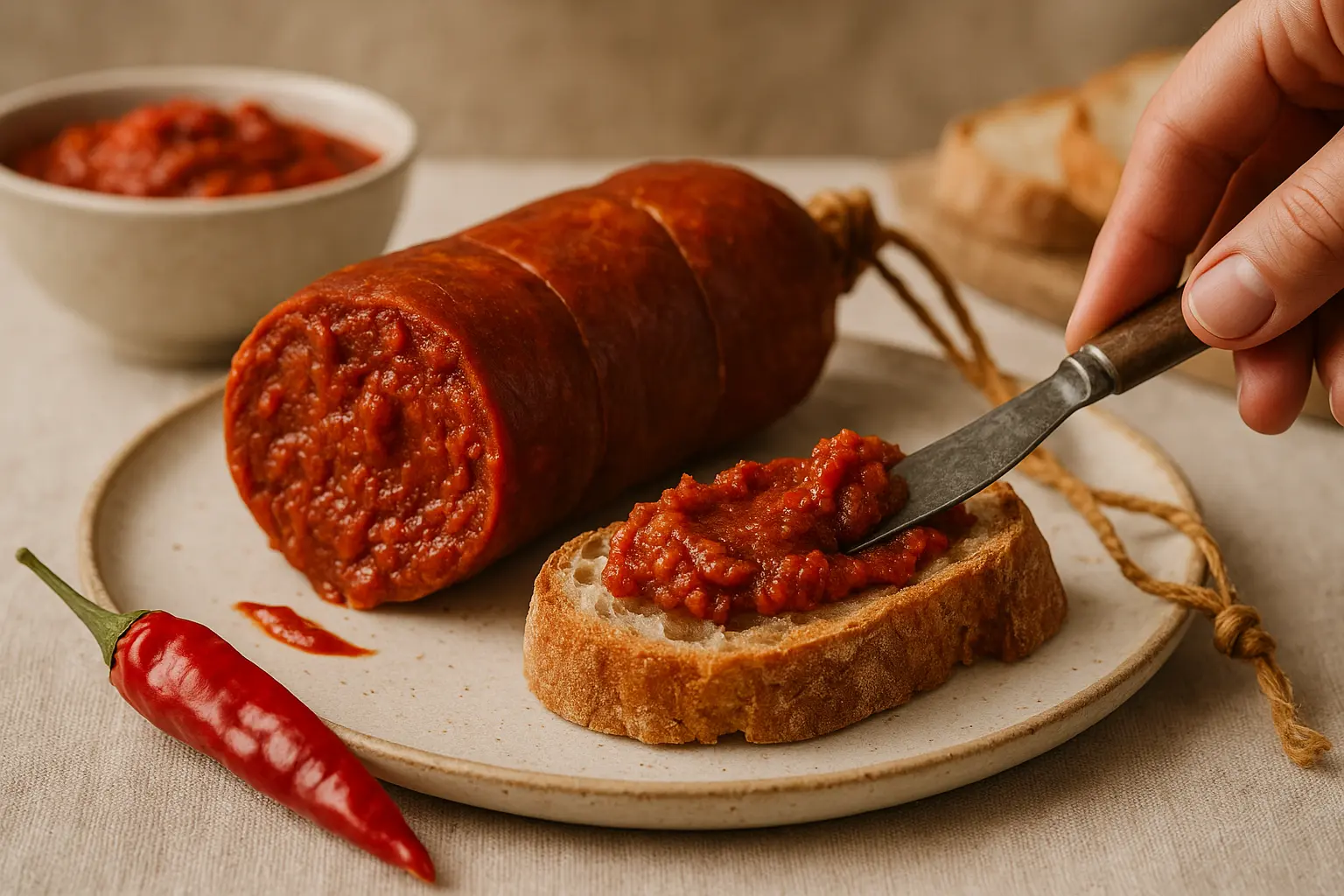 Pot de 'nduja calabraise avec tranche de pain et piment rouge