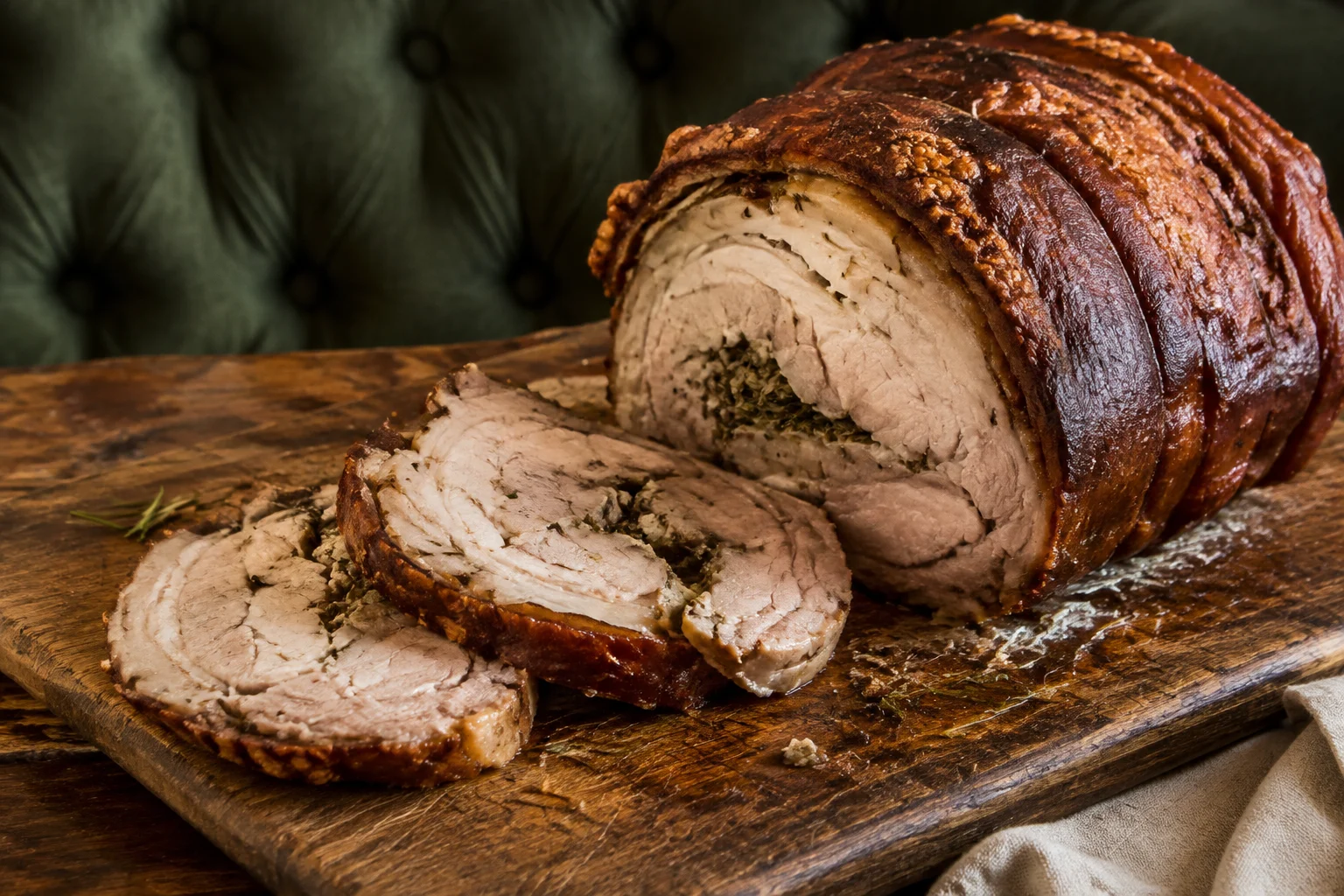 Porchetta italienne avec peau croustillante et tranches fines
