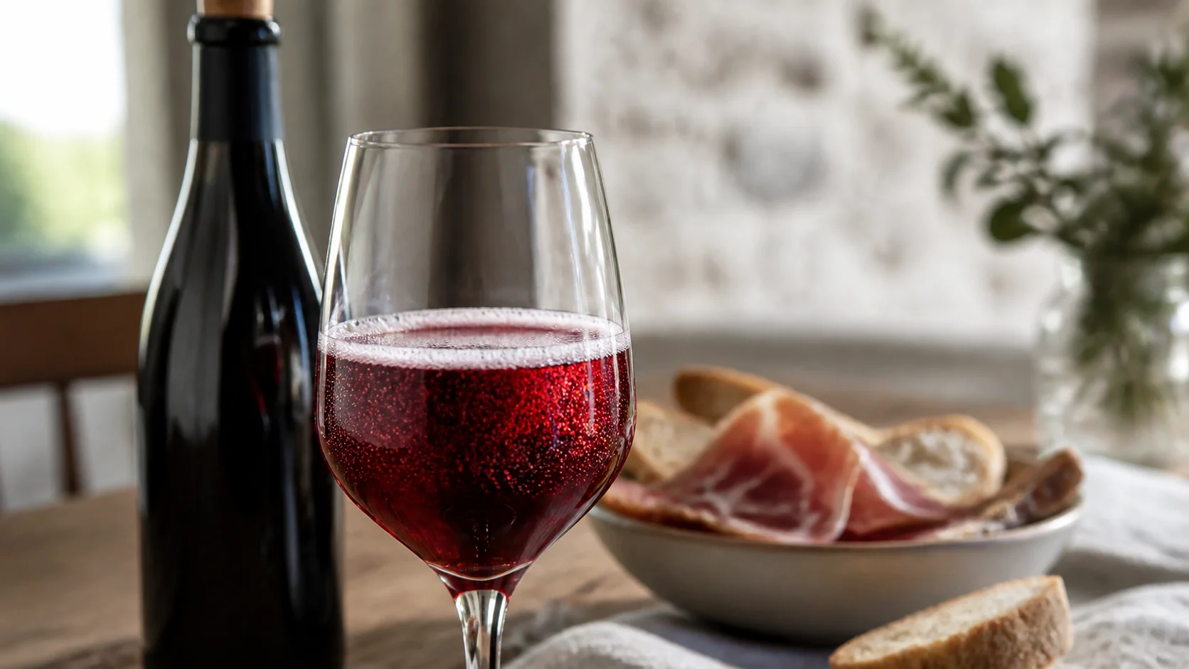 Verres de Lambrusco rouge et rosé sur table en bois avec une planche de charcuterie