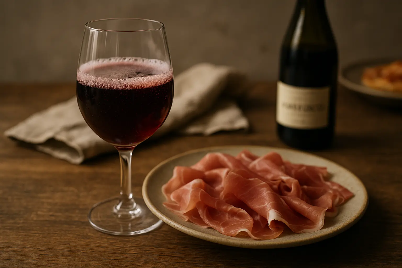 Verres de Lambrusco rouge et rosé sur table en bois avec une planche de charcuterie
