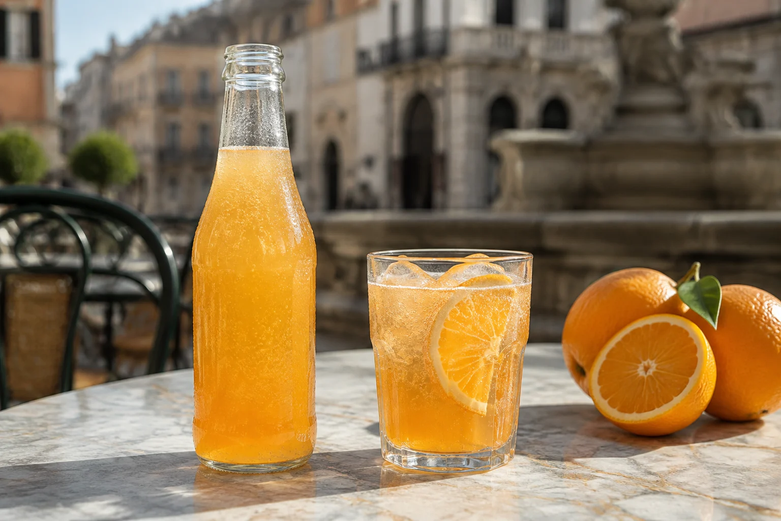 Un verre d’aranciata avec des bulles et une tranche d’orange