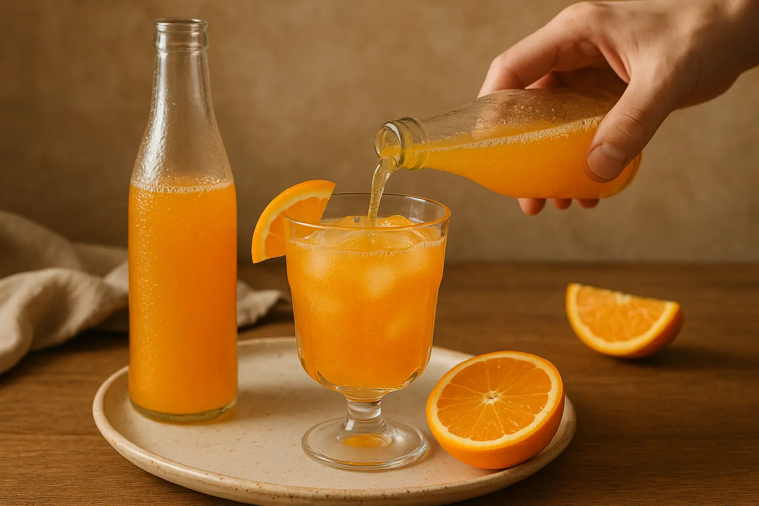 Un verre d’aranciata avec des bulles et une tranche d’orange