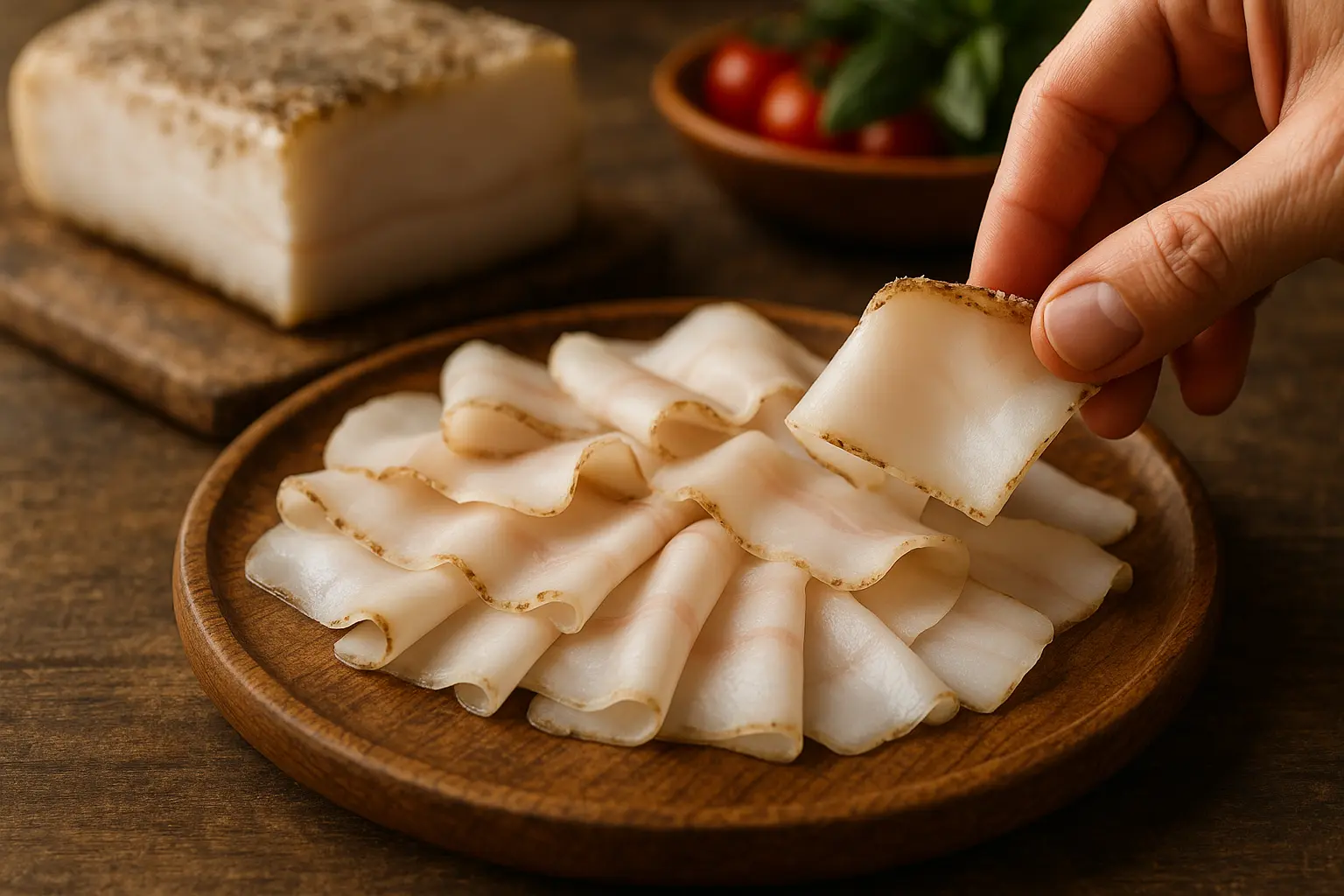 Tranches fines de Lardo di Colonnata sur pain de campagne