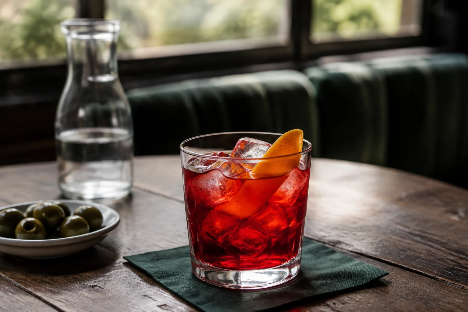 Verre de cocktail rouge avec une tranche d’orange, symbole du Campari