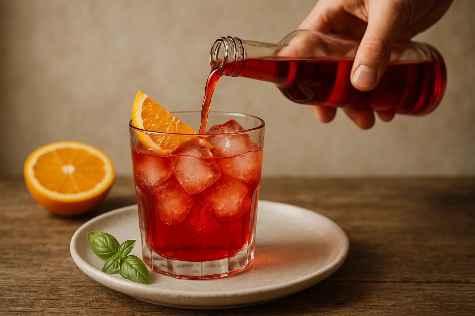 Verre de cocktail rouge avec une tranche d’orange, symbole du Campari