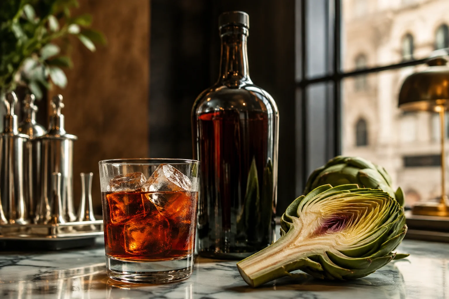 Bouteille de Cynar avec fond de plantes et artichaut