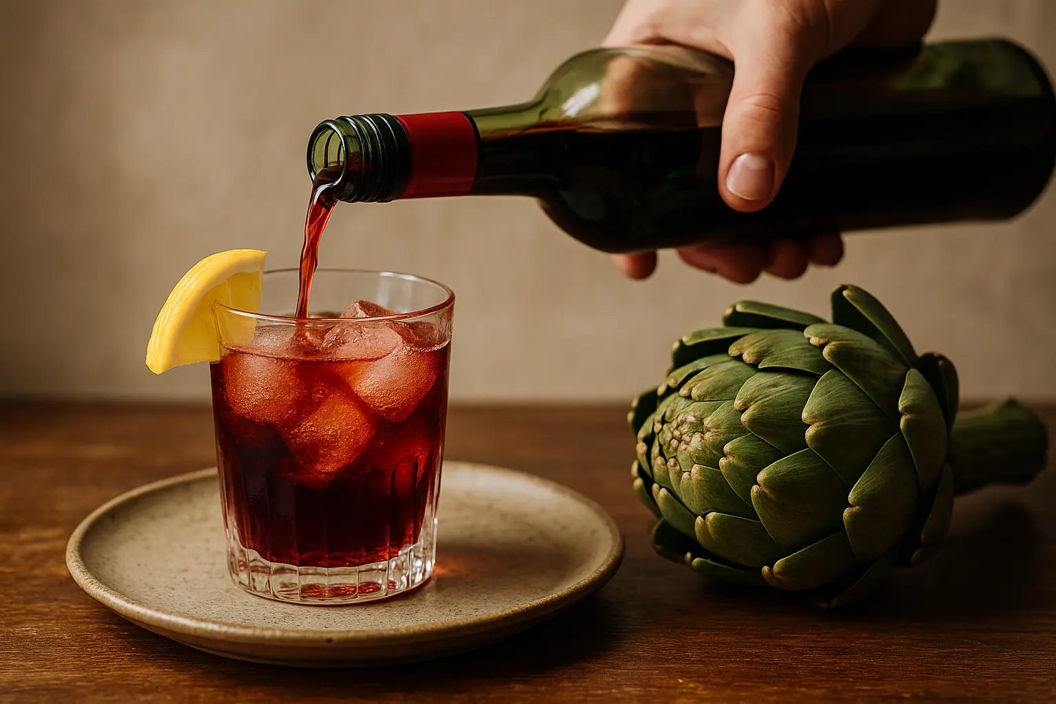 Bouteille de Cynar avec fond de plantes et artichaut