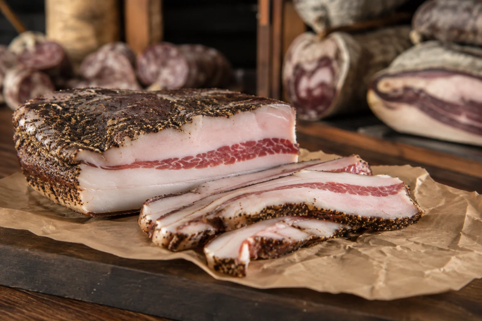Tranches de guanciale sur une planche en bois, montrant la texture et le gras