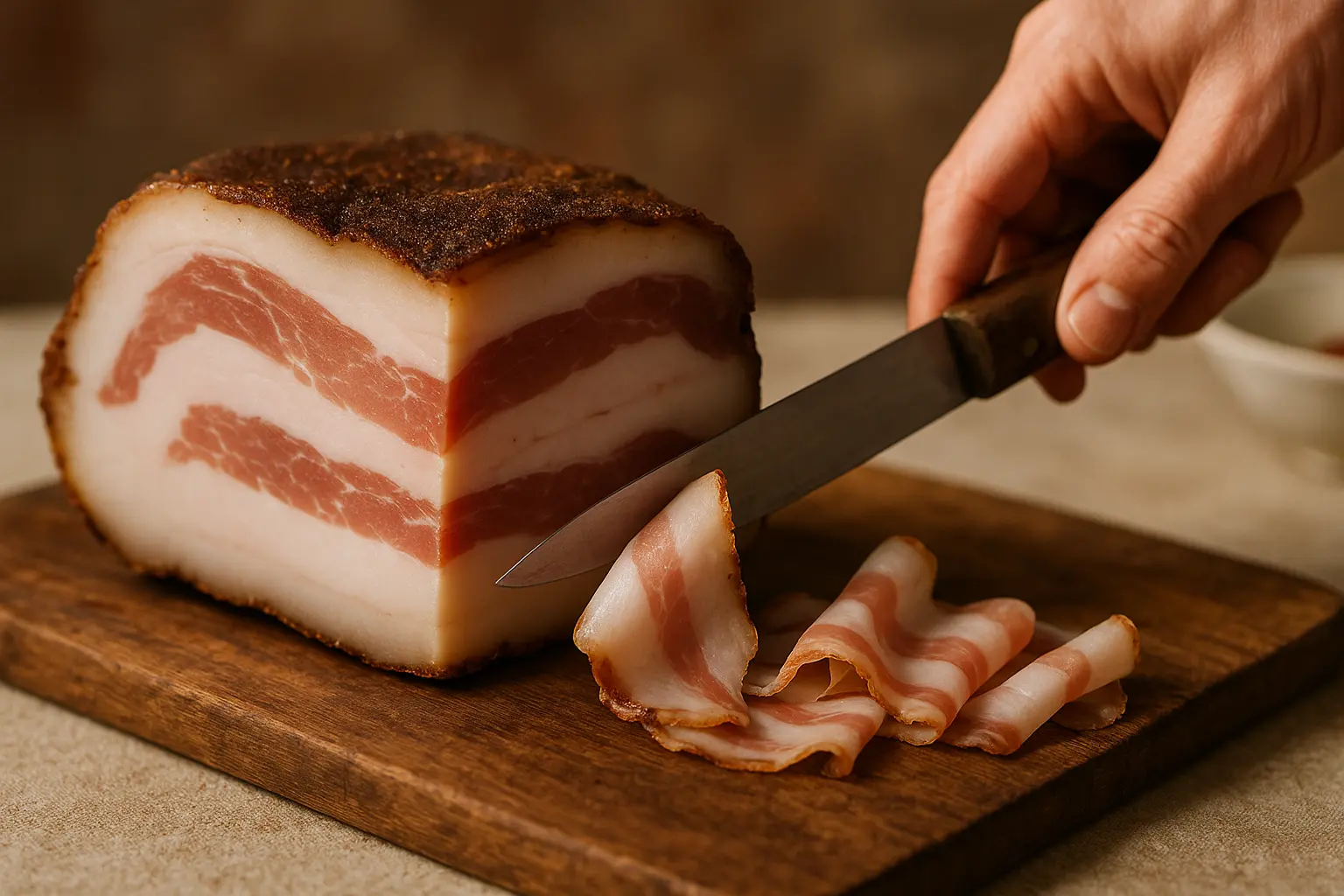 Tranches de guanciale sur une planche en bois, montrant la texture et le gras