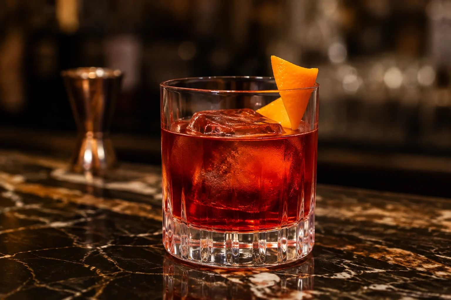 Verre de Negroni avec tranche d’orange et glaçons