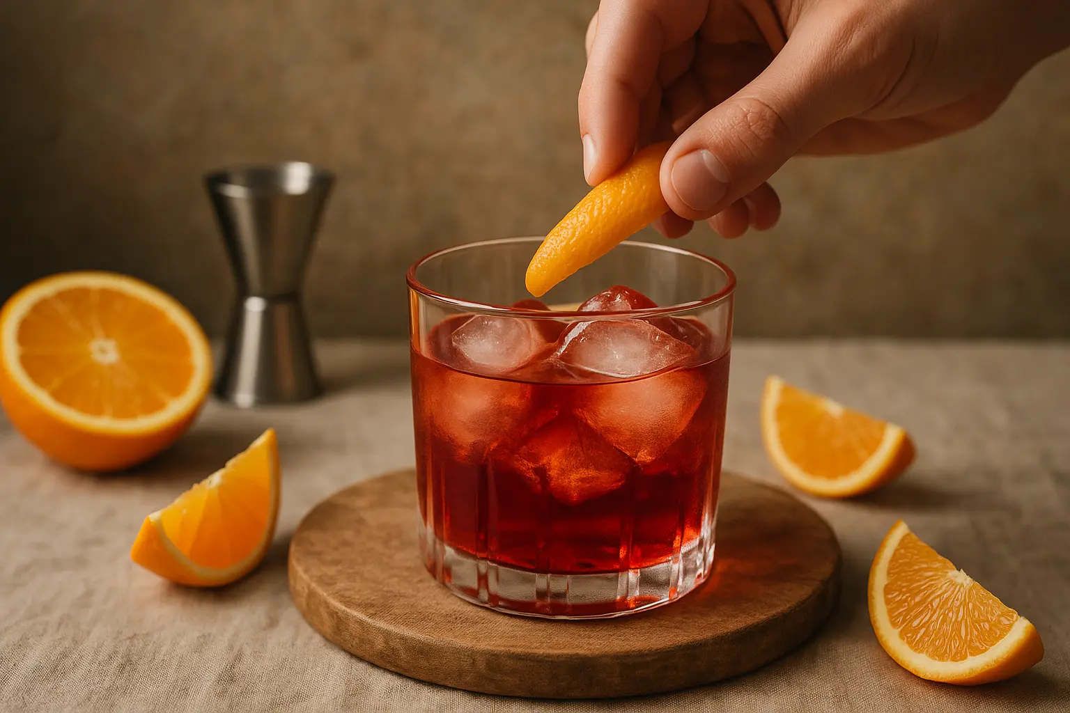 Verre de Negroni avec tranche d’orange et glaçons