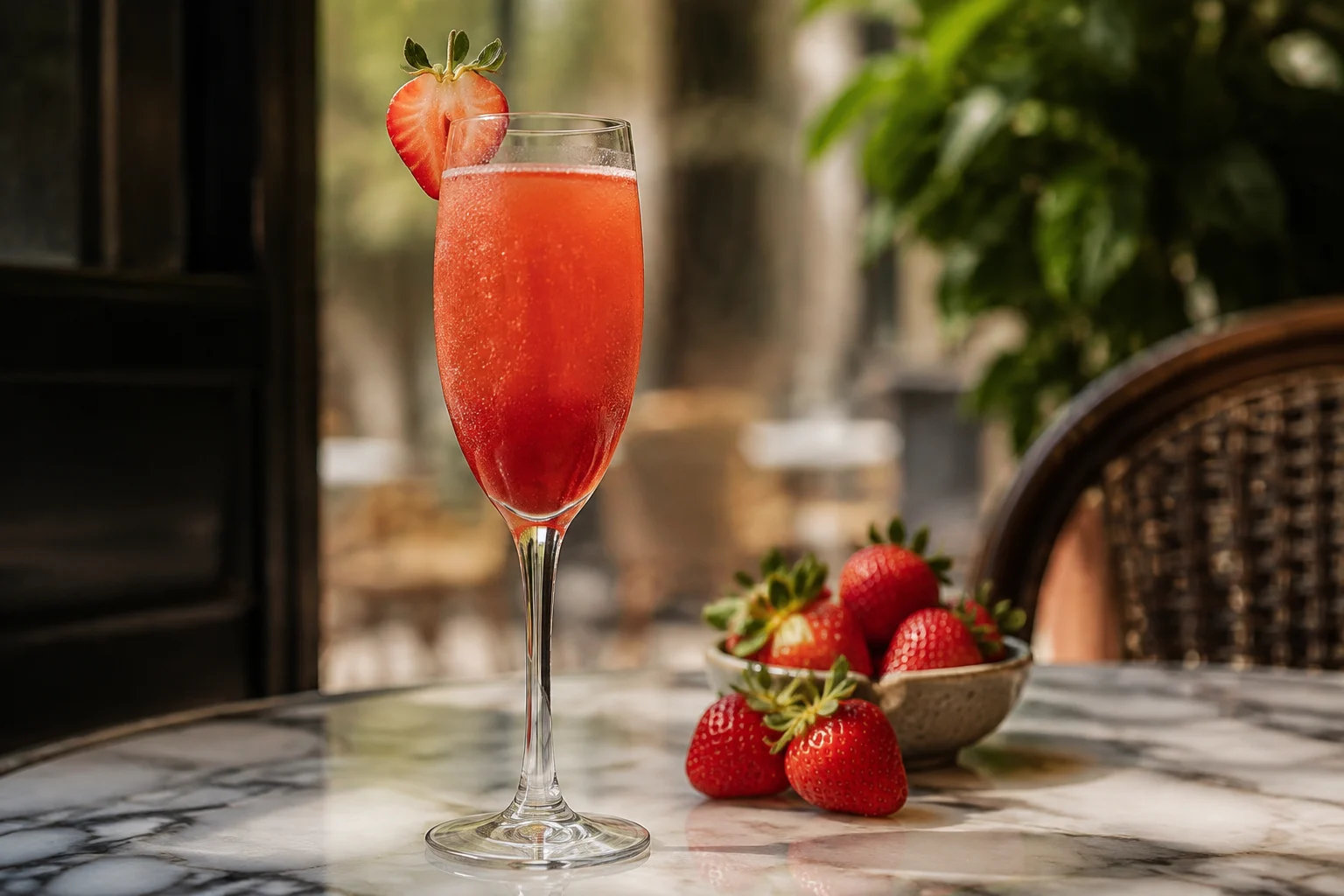 Verre de cocktail Rossini avec fraises fraîches et Prosecco