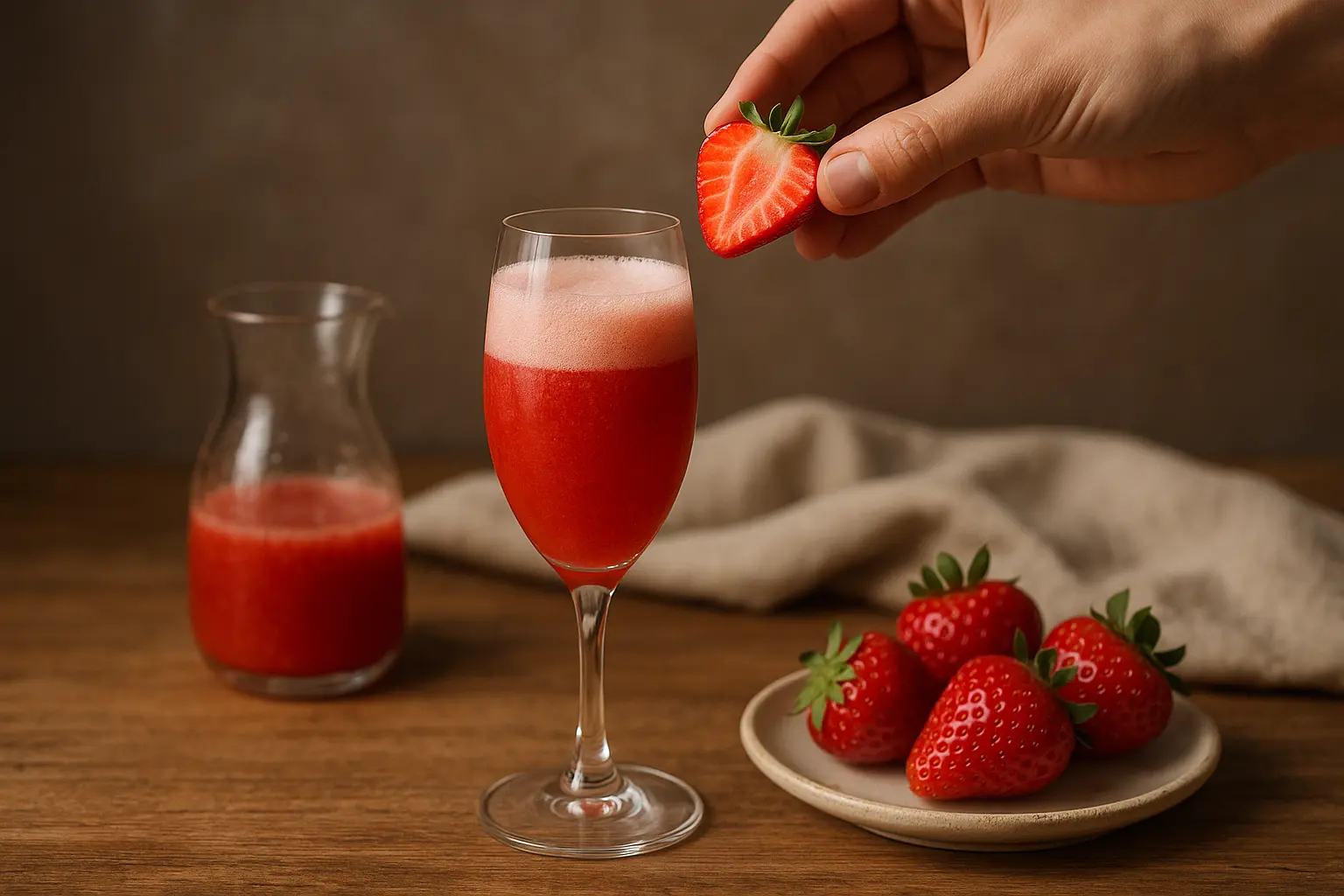 Verre de cocktail Rossini avec fraises fraîches et Prosecco
