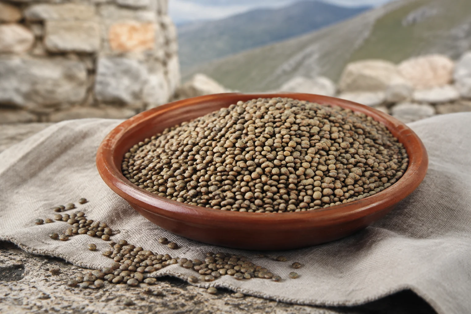 Grains fins de lentilles de Castelluccio sur un plateau en bois
