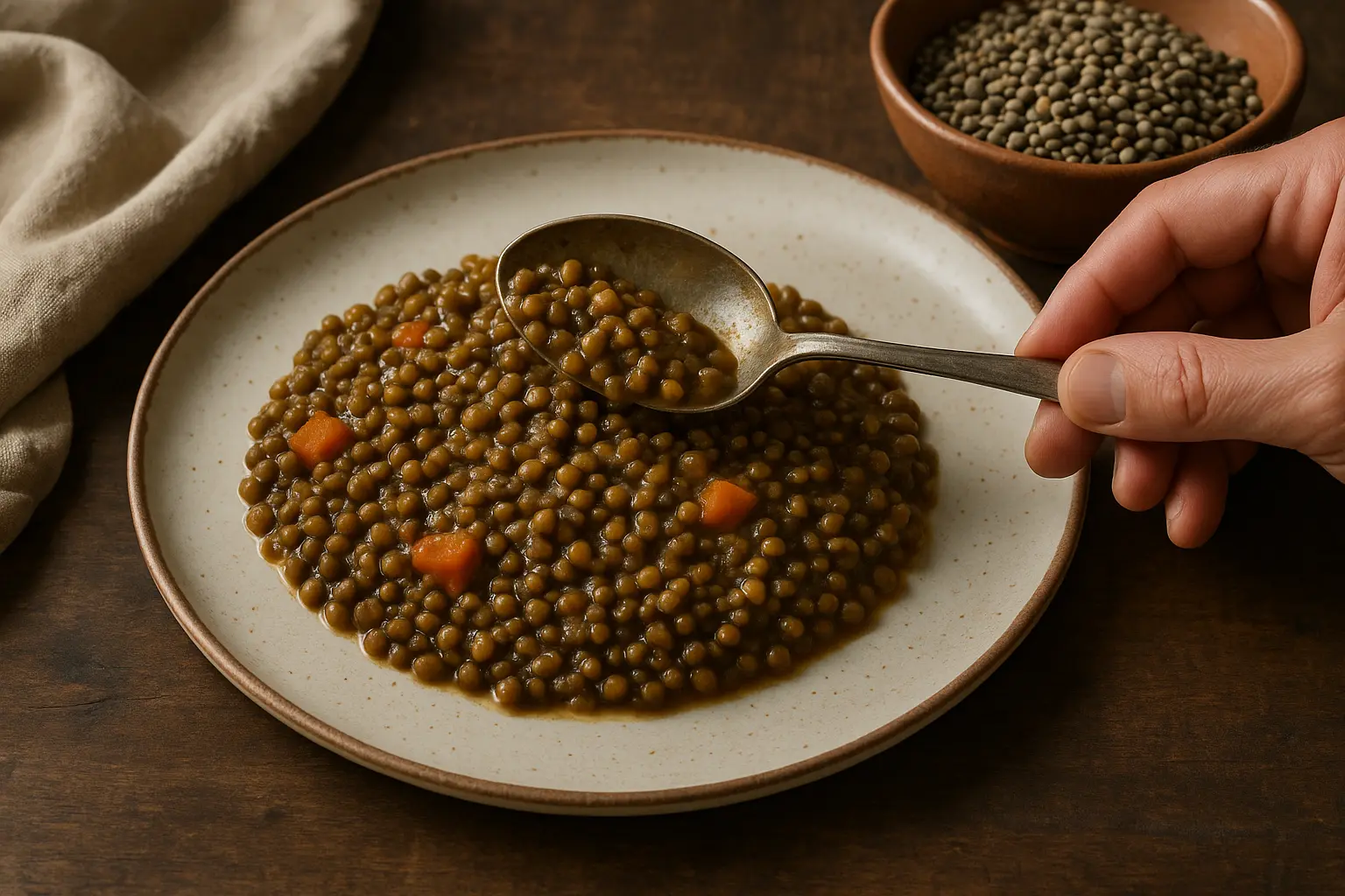 Grains fins de lentilles de Castelluccio sur un plateau en bois