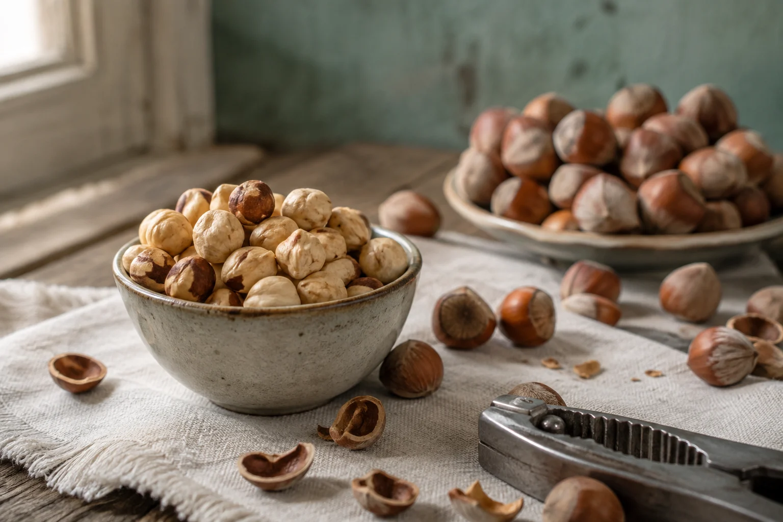 Noisettes fraîches de Sicile posées sur une table rustique